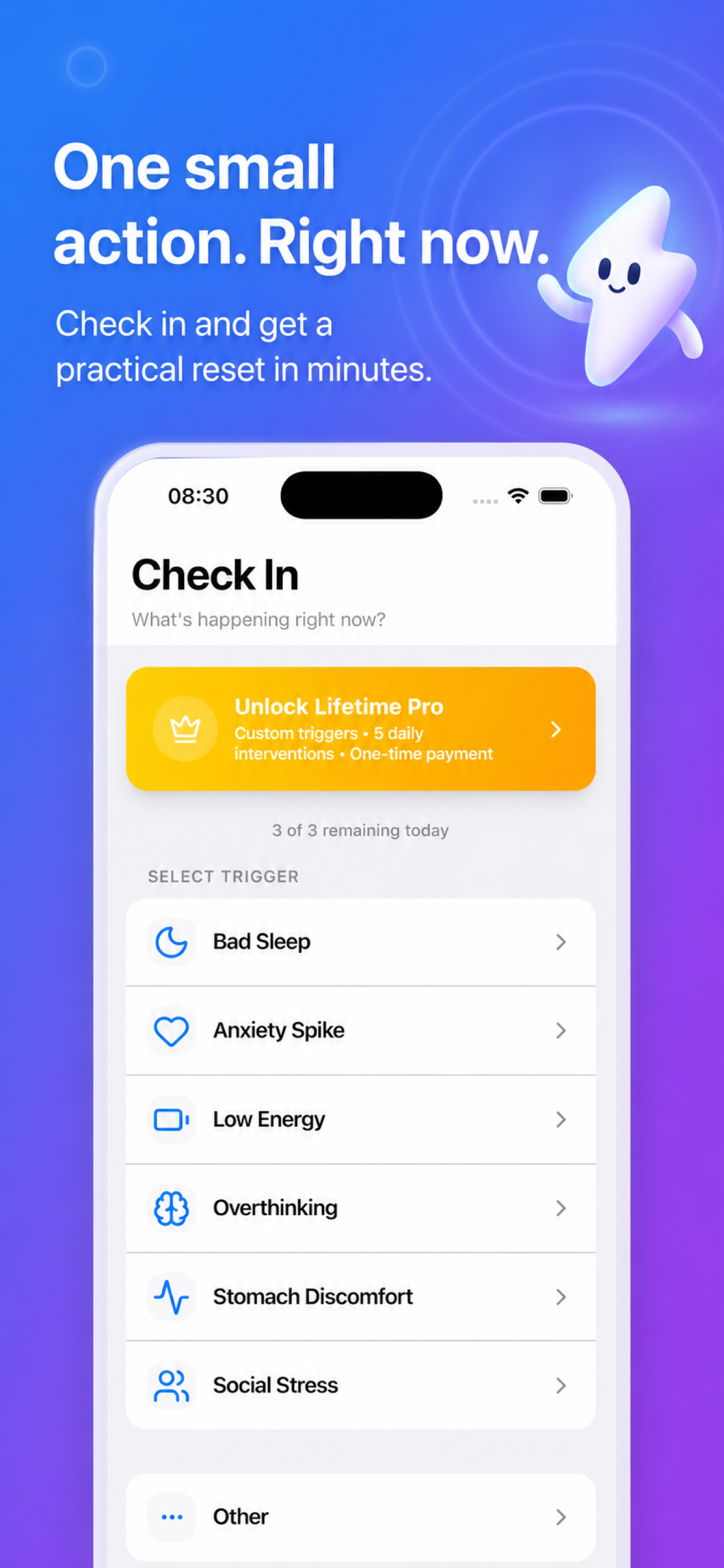Micro Reset Check In screen with triggers for everyday moments